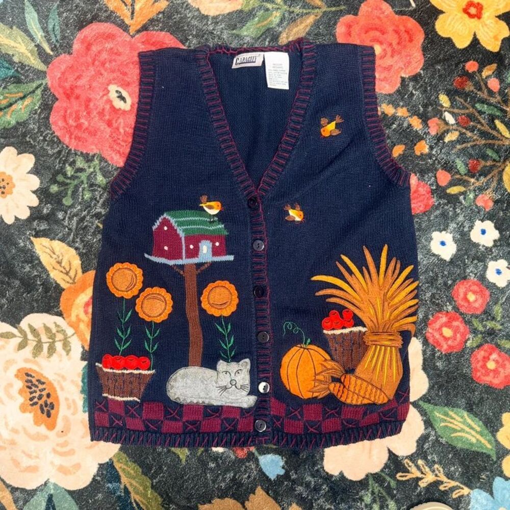 Vintage 90s Capacity Autumn Cat Novelty Knit Sweater Vest Medium